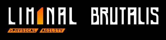 Liminal Brutalis: Tall geometric stencil lettering with orange split-bar accents.