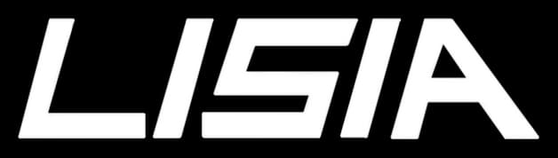 LISIA: Bold italic block letters with beveled outline and subtle 3D shading.