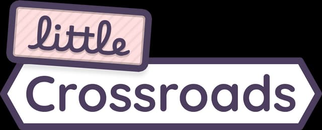 Little Crossroads: cursive “Little” on placard above bold rounded text on signpost.