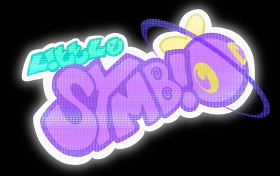 LiTTLE SYMBiO: Puffy bubble letters, purple gradient fill, thick white outline, tilted 3D look.