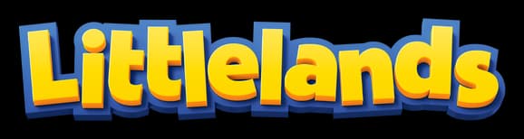 Littlelands: Bold rounded 3D yellow letters with blue outline and drop shadow.