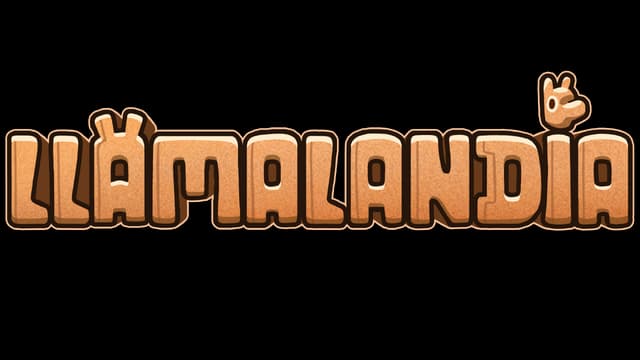 Llamalandia: Blocky, tan letters with llama ears, outlined in white and brown.