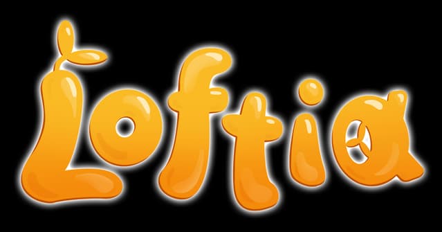 Loftia: Rounded, glossy bubble letters with warm gradient fill and thick white outline.