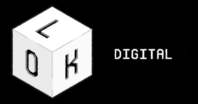 Cube with bold 3D letters, retro-tech font for "DIGITAL" beside it.