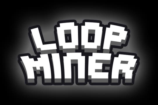 Loop Miner: chunky 3D block letters with bold outline and drop shadow, tilted depth.