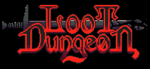 Loot Dungeon: Red gothic serif lettering with black outline and subtle pixel-art shading.