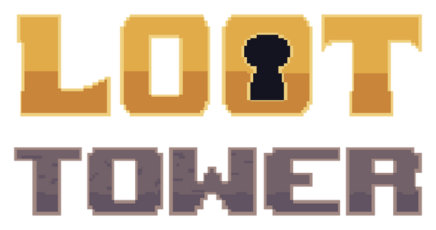 Loot Tower: Chunky pixelated block letters with shaded beveling and a keyhole O.