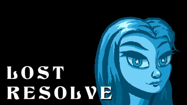 Blocky white font with uneven edges next to a stylized blue young woman.