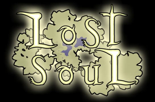 Lost Soul: Ornate serif letters with beveled gold outline over smoky shadow shapes.