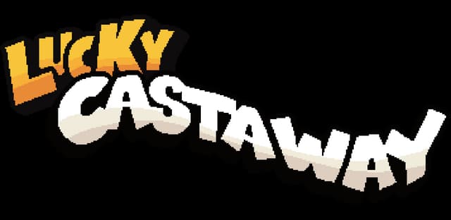 Lucky Castaway: Chunky curved letters with thick 3D shading and bold outline.