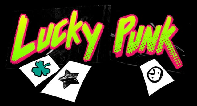 Lucky Punk: Neon graffiti brush lettering with hot-pink outline, tilted card icons below.