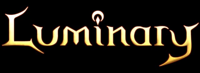 Luminary: Beveled gold serif lettering with red outline and glowing candle icon.
