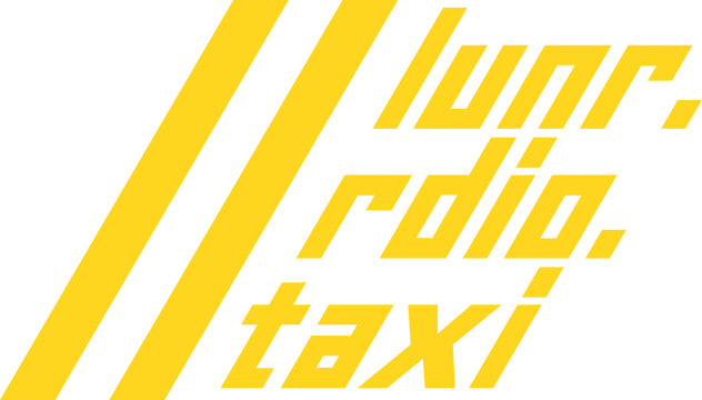 lunr.rdio.taxi: Slanted italic sans lettering with sharp cuts and twin racing stripes.