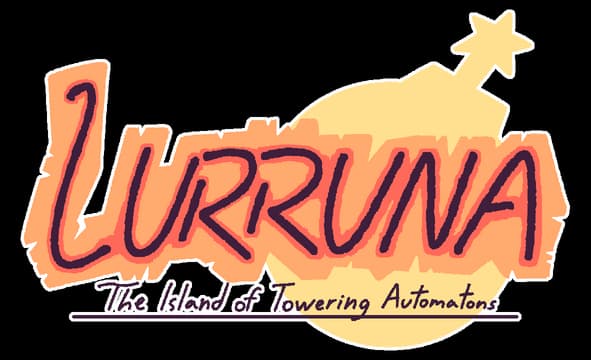 LURRUNA: Bold hand-drawn script with thick outline, bomb silhouette and starburst.