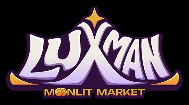 Luxman Moonlit Market: Bold, curvy letters with star accent and glowing purple hues.