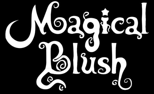 Magical Blush: Curly fantasy serif lettering, stacked, with swirls and star-topped i.
