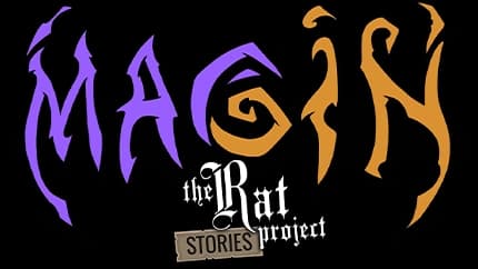 Stylized font with jagged edges and swirl elements, vibrant purple and orange.