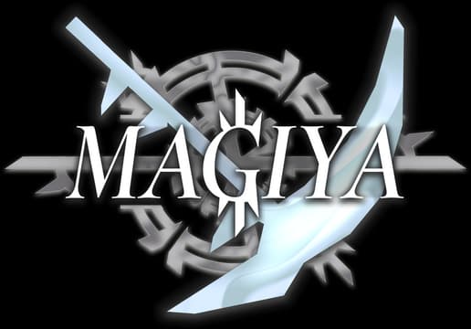 MAGIYA: Metallic serif wordmark over arcane sigil, crossed blades, blue glow.