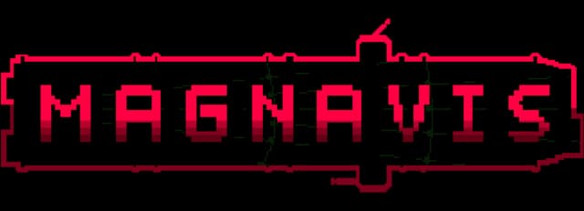 Magnavis: Neon-red pixel font inside a rounded rectangle frame with glitch noise.