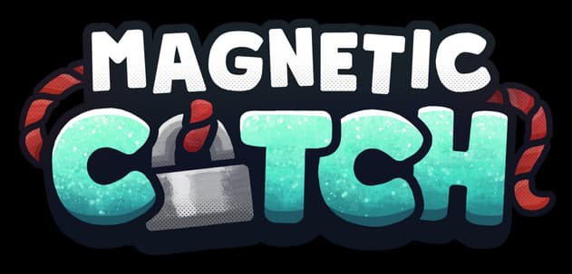 Magnetic Catch: Bold rounded 3D letters with glittery teal gradient and thick outline.