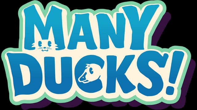 Many Ducks: Chunky rounded blue letters with cream outline and bold drop shadow.