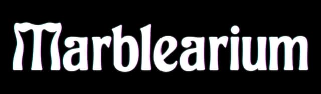 Marblearium: Curvy serif wordmark with subtle cyan-magenta glow and soft shadow.