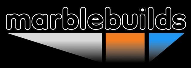 marblebuilds: rounded lowercase wordmark with thick outline atop 3D block wedge.