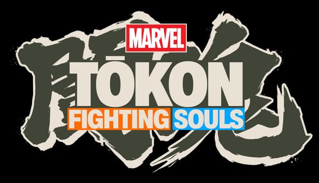 MARVEL Tōkon: bold block letters over brushstroke kanji, orange-blue FIGHTING SOULS.