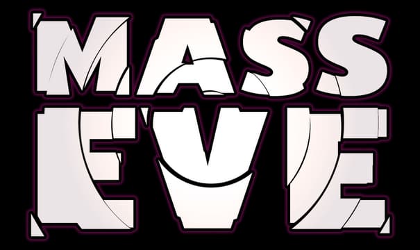 MassEve: Bold block letters with angled cuts, thick outline, and magenta glow.