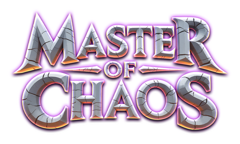 Master of Chaos: Chiseled 3D stone lettering with cracks, metallic shine, purple glow.
