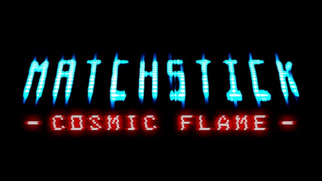 Stylized pixelated font with glowing blue flames, red text beneath.