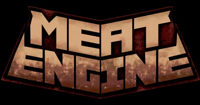 Meat Engine: Bold beveled block letters in wide V-shape, gritty stained texture.
