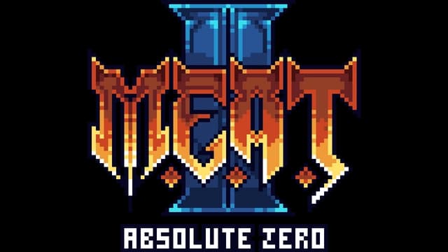 Pixelated font with fiery gradient and blocky geometric accents.