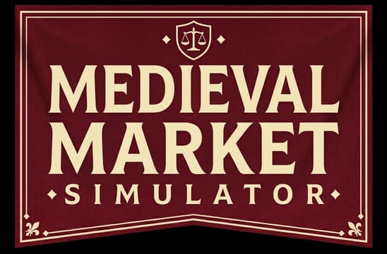 Medieval Market Simulator: Bold serif banner text with gold bevel, crest, and border.