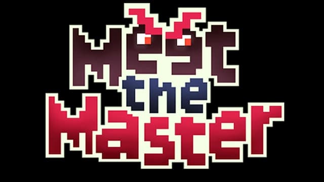 Pixelated font with blocky red and purple letters, features menacing red eyes.