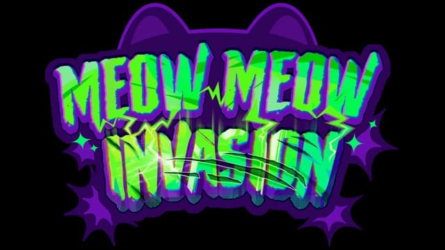 Bold, jagged green font with lightning, purple outline, cat ears, and stars.