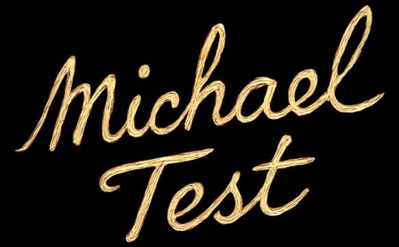 Michael Test: flowing cursive script with metallic gold shine and beveled embossing.