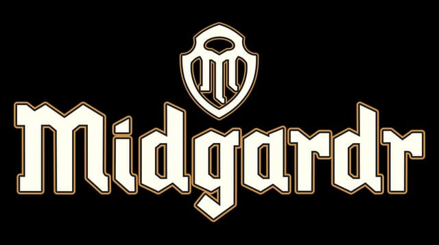 Midgardr: Gothic serif wordmark with gold outline, beveled edges, shield crest above.