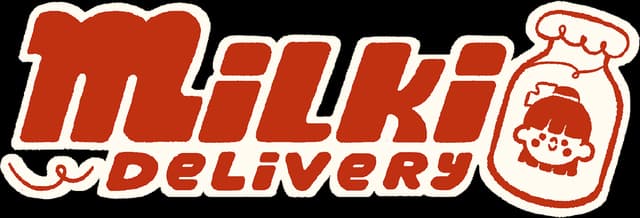 Milki Delivery: Bold rounded red letters with thick white outline; milk bottle icon.
