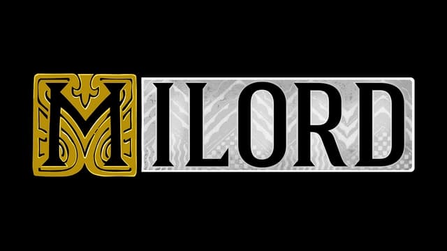 Stylized "M" with ornate details, bold serif letters on textured background.