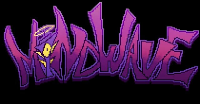 Stylized purple gradient font with pixelated, jagged letters and halo.
