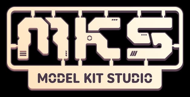 Model Kit Studio: Chunky sci-fi stencil lettering with cutouts and bold outlined frame.