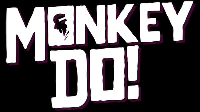 Monkey Do!: Chunky block letters with purple outline, cutout monkey in the M, bold exclamation.