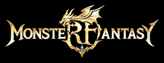 Monster Fantasy: Gold beveled fantasy serif text with dragon emblem forming the R/F.