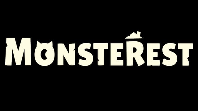 Blocky font; roof with chimney on R; O resembles a horned monster face.