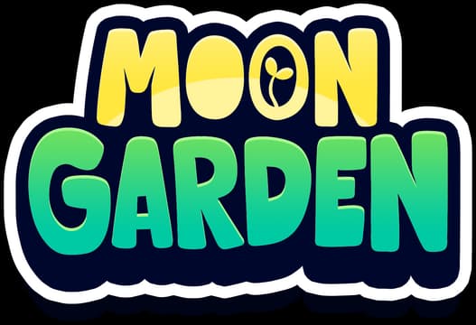 Moon Garden: Bold rounded letters, yellow-to-green gradient, thick navy outline, sprout icon.