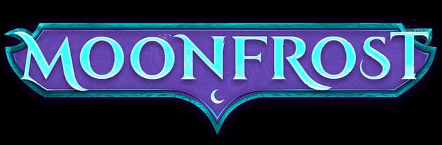 Moonfrost: Beveled serif letters with icy glow, set in an ornate banner crest.