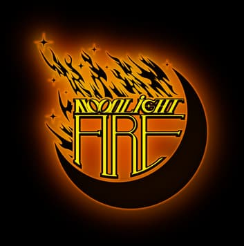 MOONLIGHT FIRE: Gold art deco text in black circle with trailing flame streaks.
