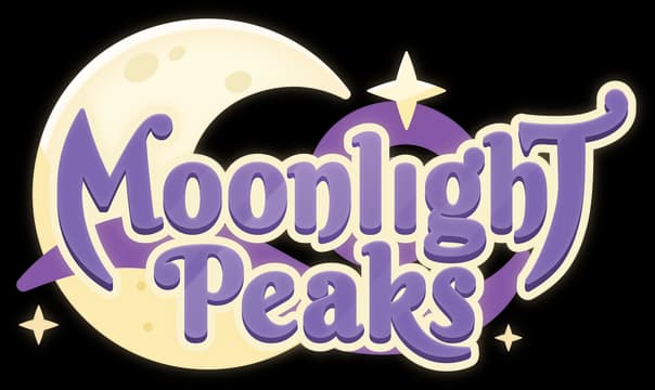 Moonlight Peaks: Curvy serif lettering with purple outline, crescent moon and star accents.