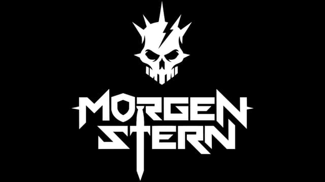 Stylized text with sharp, angular letters and a spiky skull graphic.
